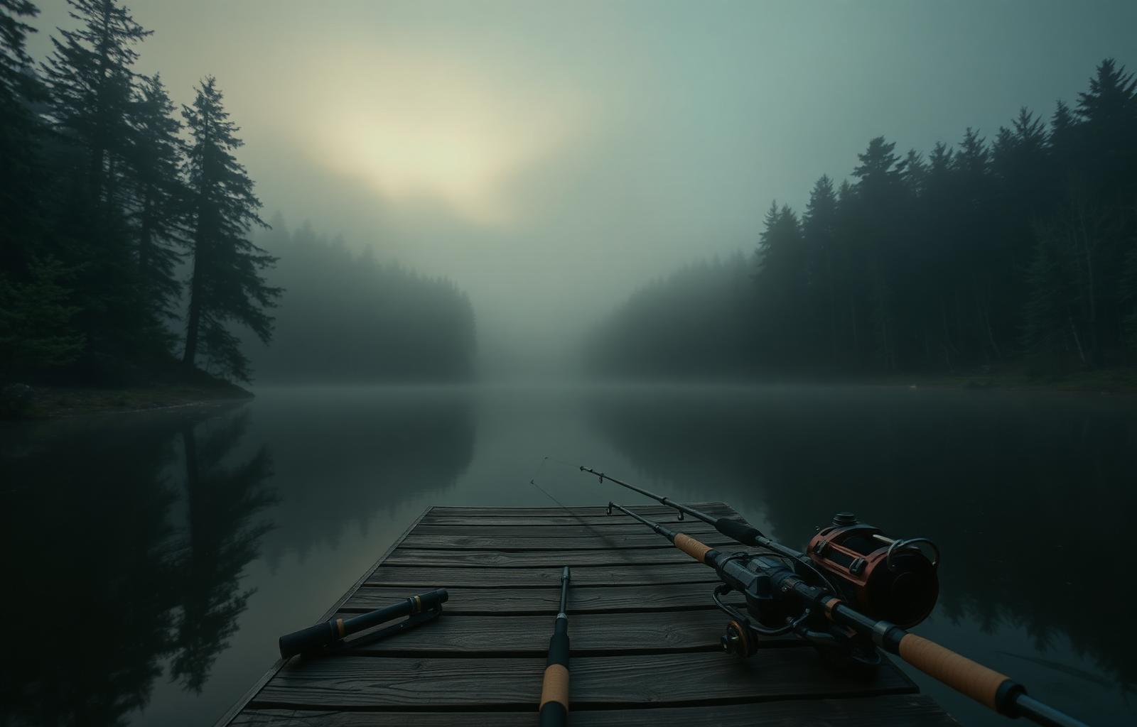 Dawn fishing on a foggy lake