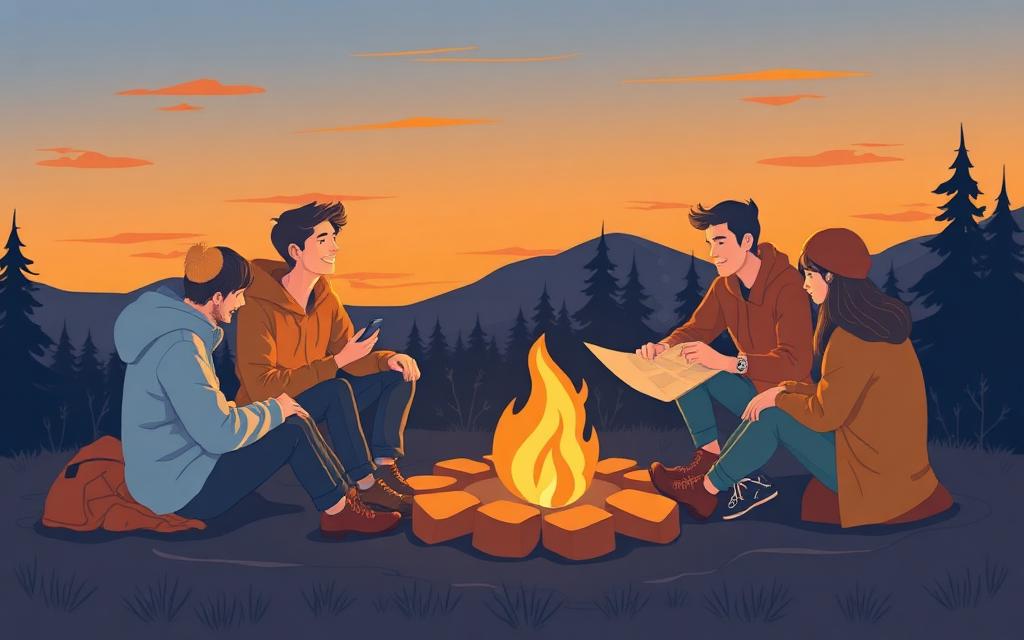 Friends planning a trip around a campfire